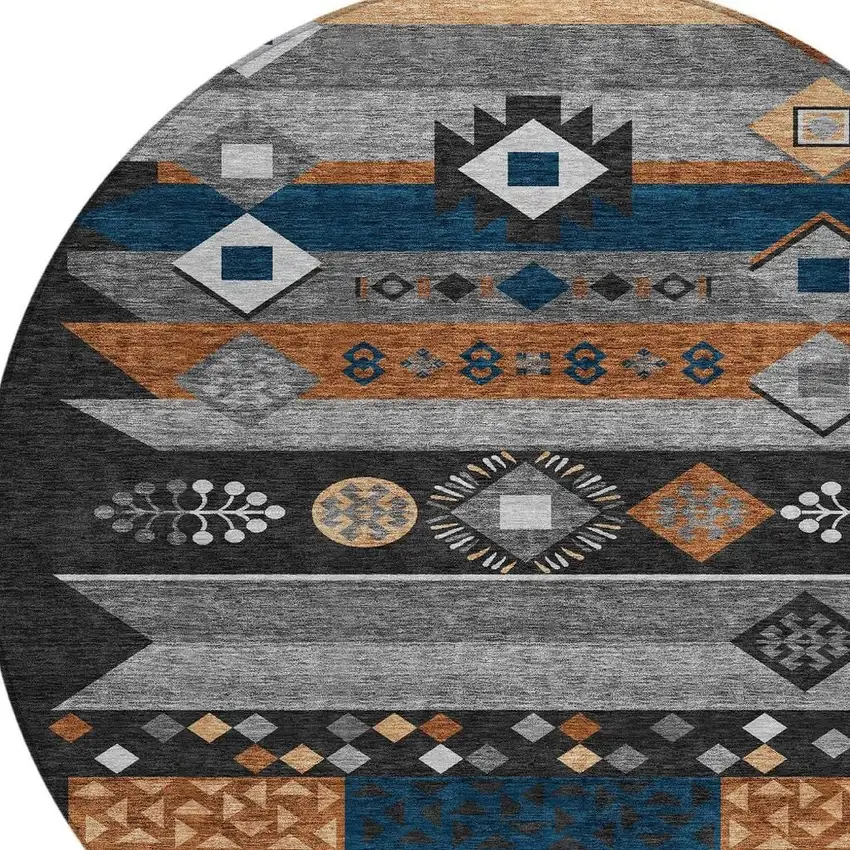 8' Black And Copper Round Geometric Washable Indoor Outdoor Area Rug Photo 3