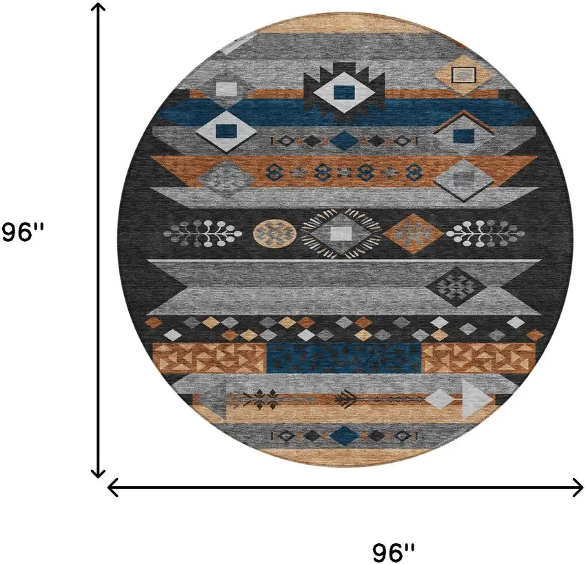 8' Black And Copper Round Geometric Washable Indoor Outdoor Area Rug Photo 7