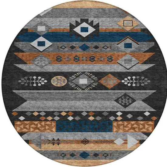 8' Black And Copper Round Geometric Washable Indoor Outdoor Area Rug Photo 4