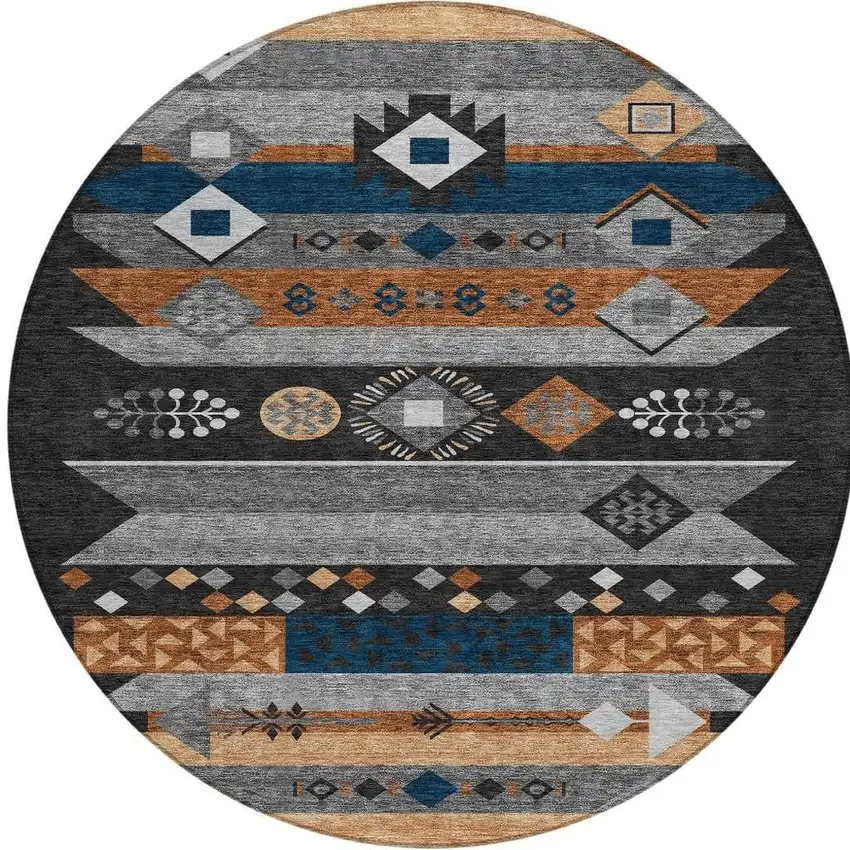8' Black And Copper Round Geometric Washable Indoor Outdoor Area Rug Photo 4