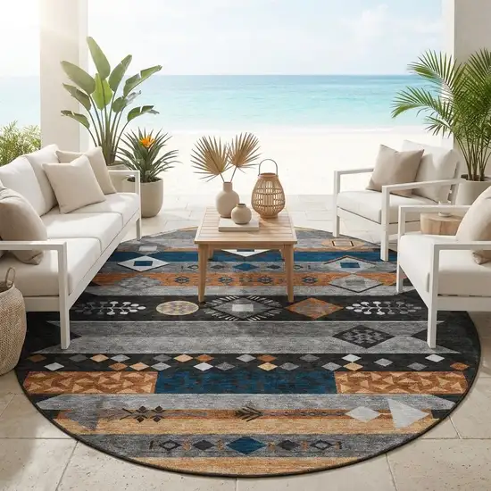 8' Black And Copper Round Geometric Washable Indoor Outdoor Area Rug Photo 1