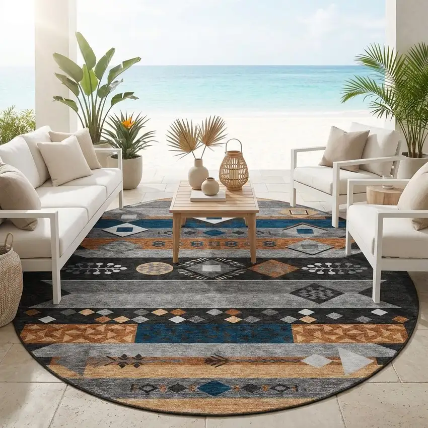8' Black And Copper Round Geometric Washable Indoor Outdoor Area Rug Photo 1