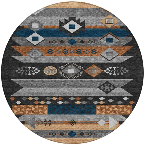 8' Black And Copper Round Geometric Washable Indoor Outdoor Area Rug Photo 2
