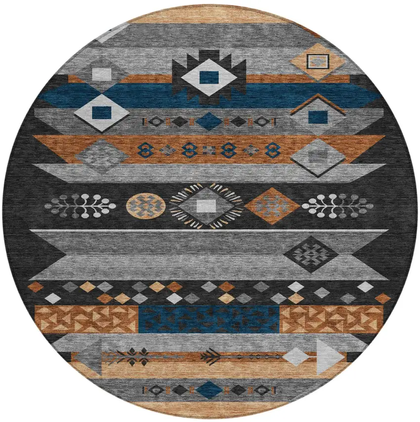 8' Black And Copper Round Geometric Washable Indoor Outdoor Area Rug Photo 2