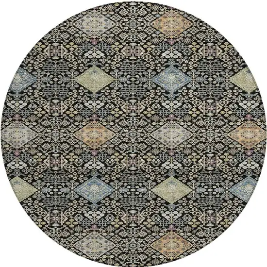 8' Black And Copper Round Oriental Washable Indoor Outdoor Area Rug Photo 3