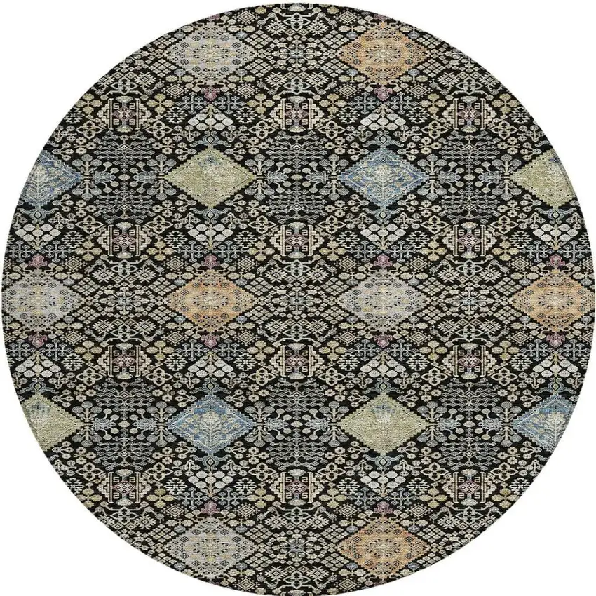 8' Black And Copper Round Oriental Washable Indoor Outdoor Area Rug Photo 3