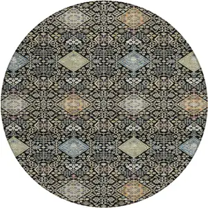 Photo of 8' Black And Copper Round Oriental Washable Indoor Outdoor Area Rug