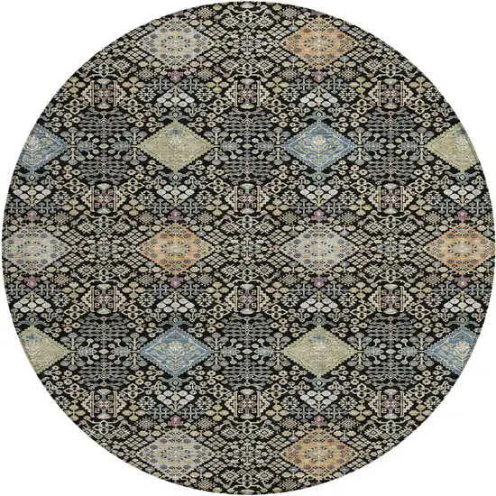8' Black And Copper Round Oriental Washable Indoor Outdoor Area Rug Photo 1
