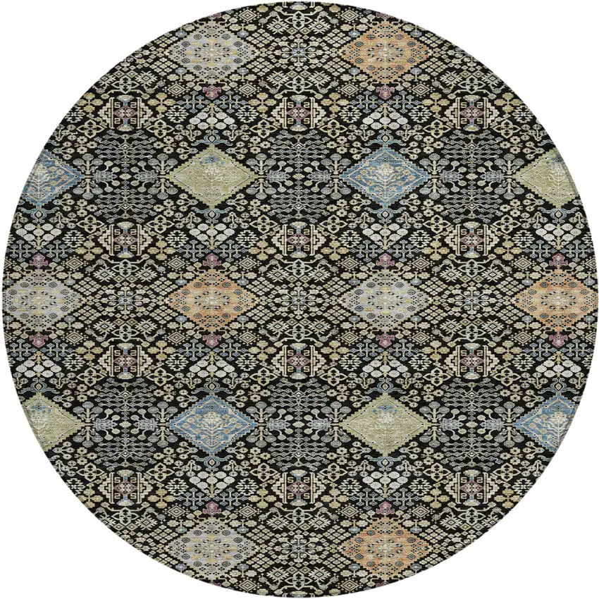 8' Black And Copper Round Oriental Washable Indoor Outdoor Area Rug Photo 1