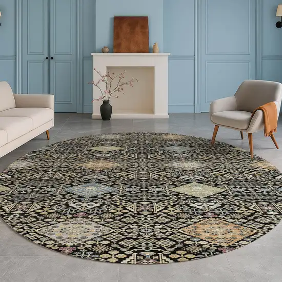 8' Black And Copper Round Oriental Washable Indoor Outdoor Area Rug Photo 5