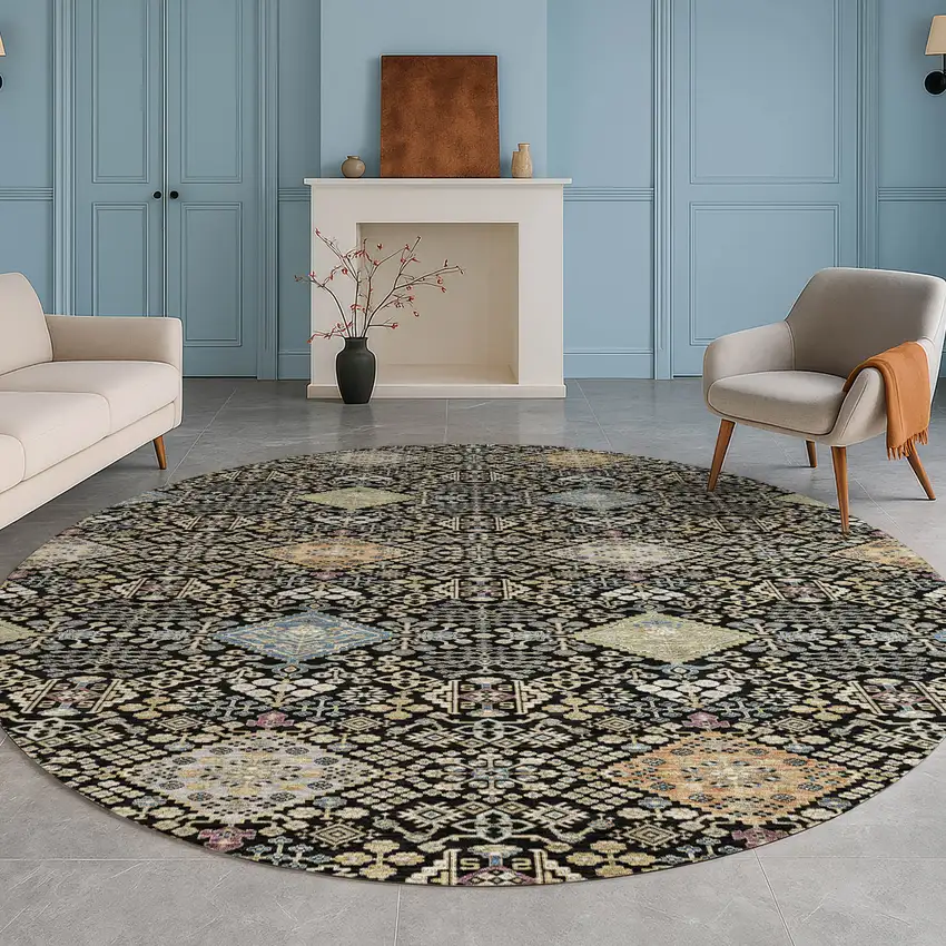 8' Black And Copper Round Oriental Washable Indoor Outdoor Area Rug Photo 5