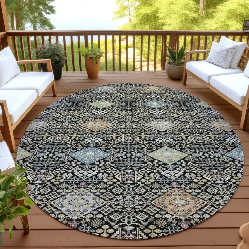 8' Black And Copper Round Oriental Washable Indoor Outdoor Area Rug Photo 4