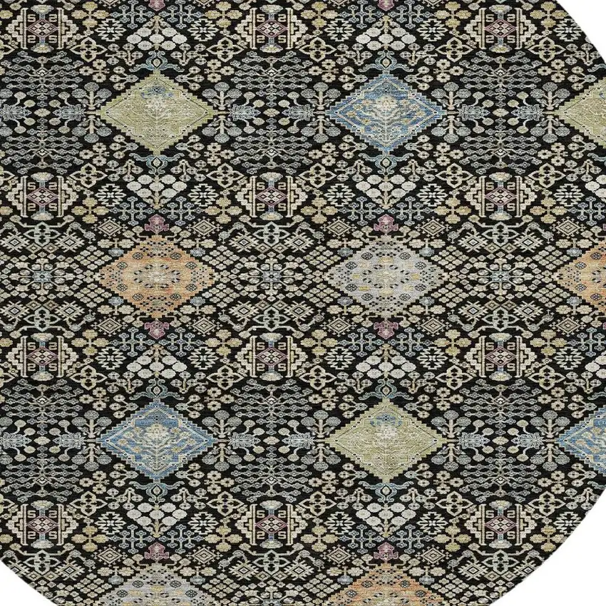 8' Black And Copper Round Oriental Washable Indoor Outdoor Area Rug Photo 2