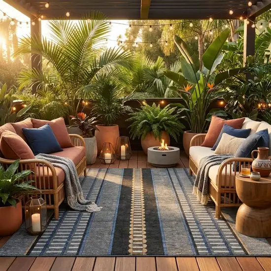 8' Black And Copper Round Striped Washable Indoor Outdoor Area Rug Photo 1