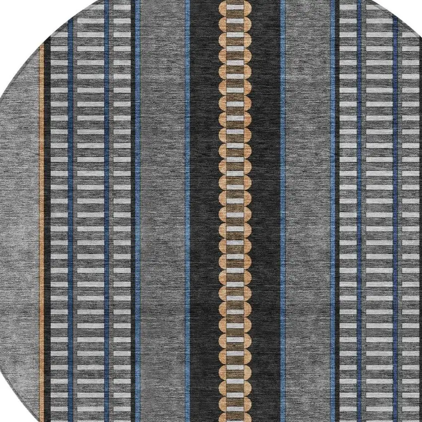 8' Black And Copper Round Striped Washable Indoor Outdoor Area Rug Photo 5