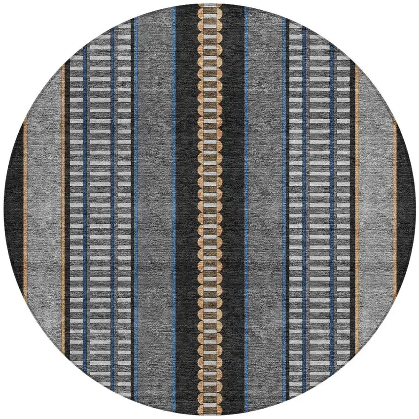 8' Black And Copper Round Striped Washable Indoor Outdoor Area Rug Photo 3