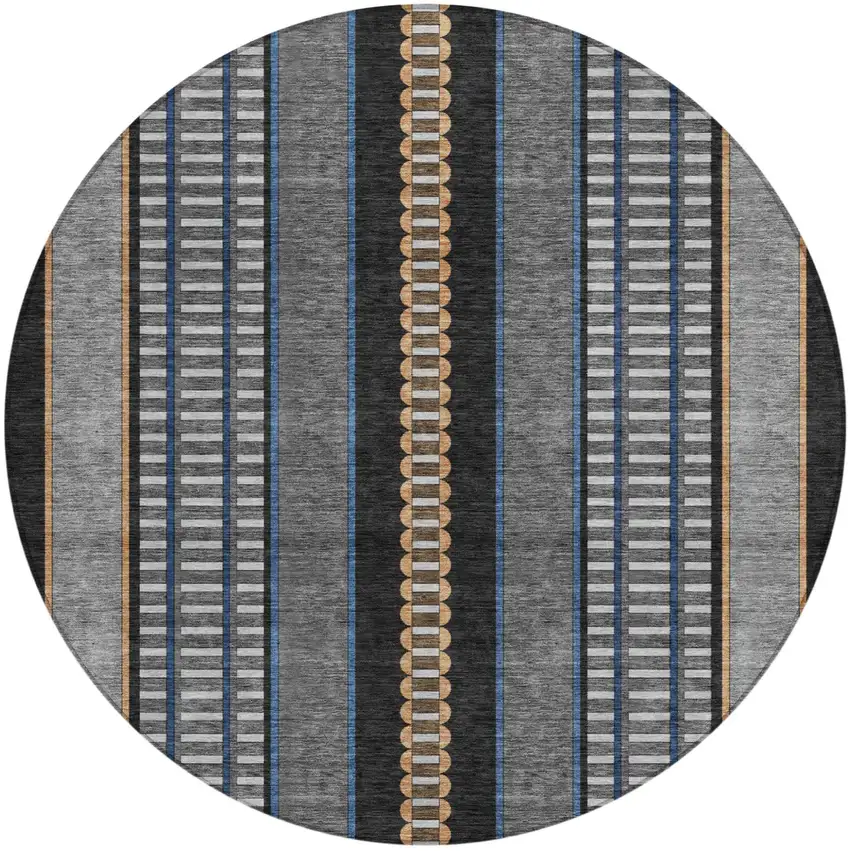 8' Black And Copper Round Striped Washable Indoor Outdoor Area Rug Photo 2