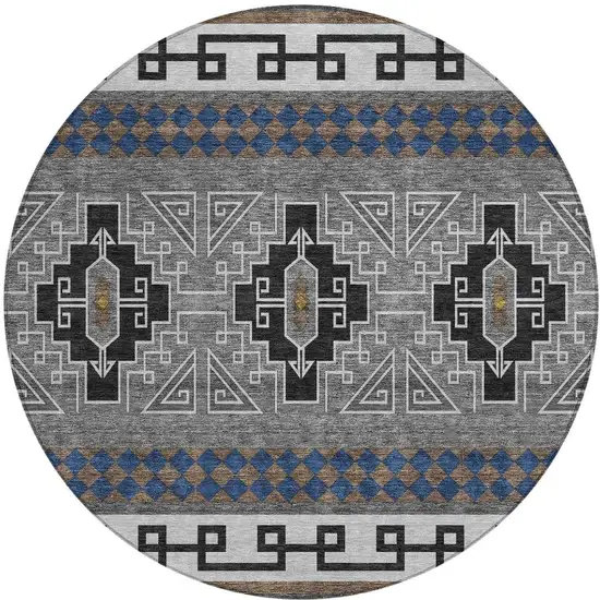 8' Black And Copper Round Tribal Washable Indoor Outdoor Area Rug Photo 2