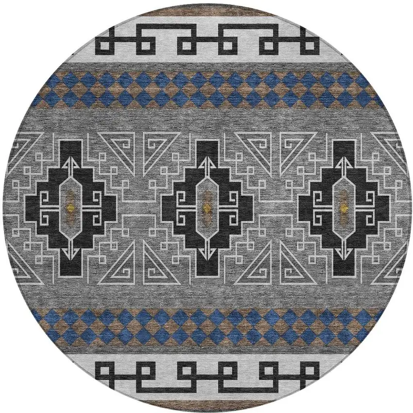 8' Black And Copper Round Tribal Washable Indoor Outdoor Area Rug Photo 2