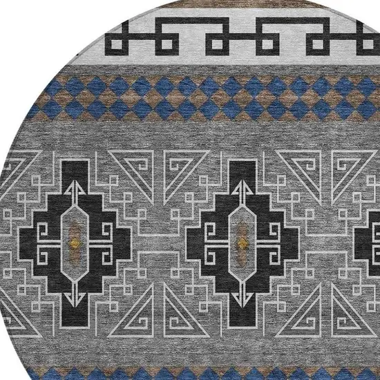 8' Black And Copper Round Tribal Washable Indoor Outdoor Area Rug Photo 3