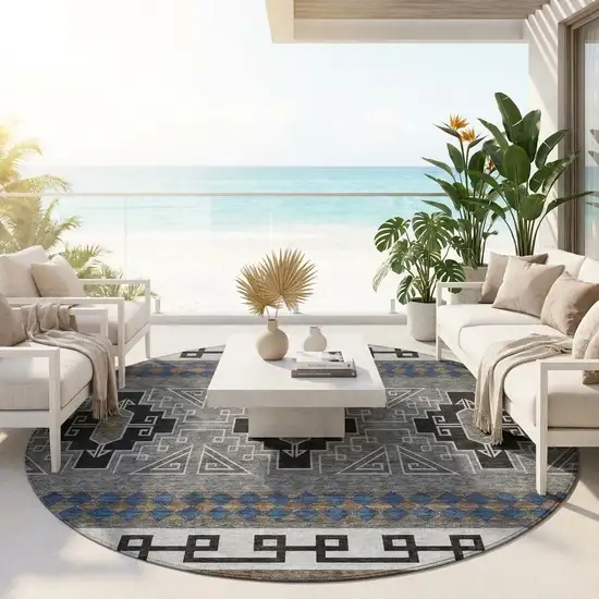 8' Black And Copper Round Tribal Washable Indoor Outdoor Area Rug Photo 1