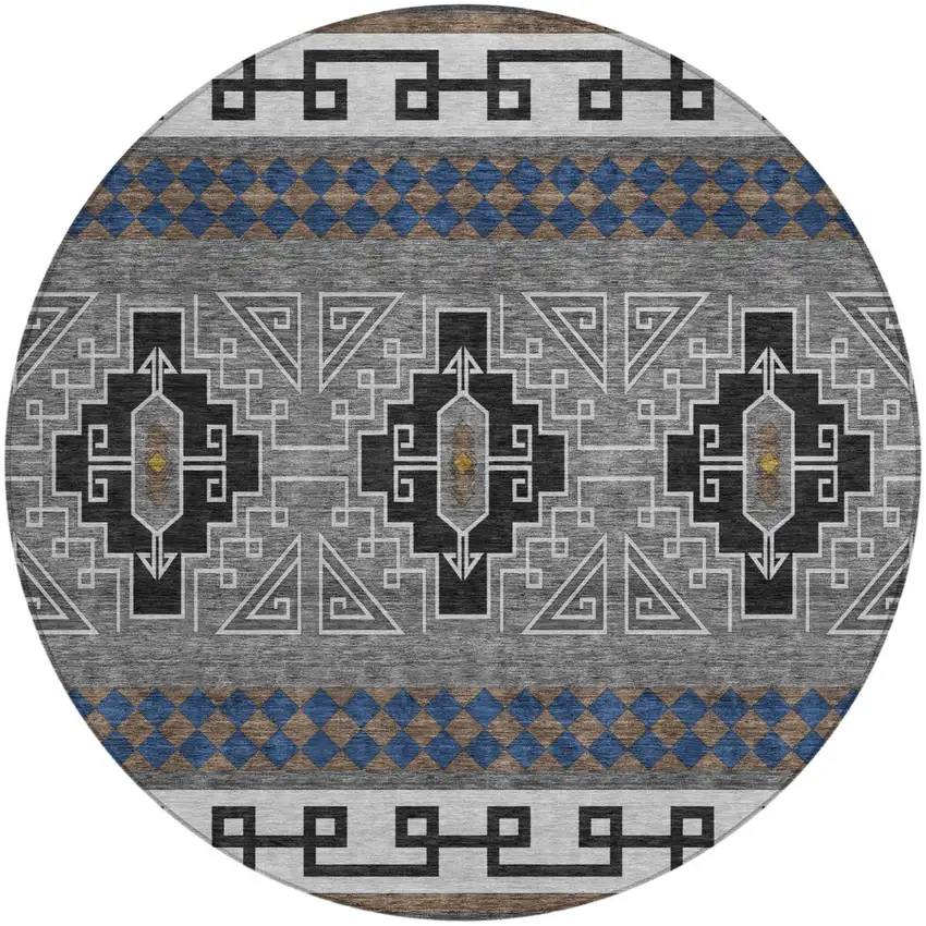 8' Black And Copper Round Tribal Washable Indoor Outdoor Area Rug Photo 5