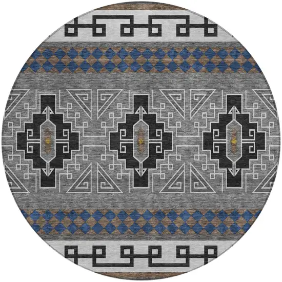 8' Black And Copper Round Tribal Washable Indoor Outdoor Area Rug Photo 5