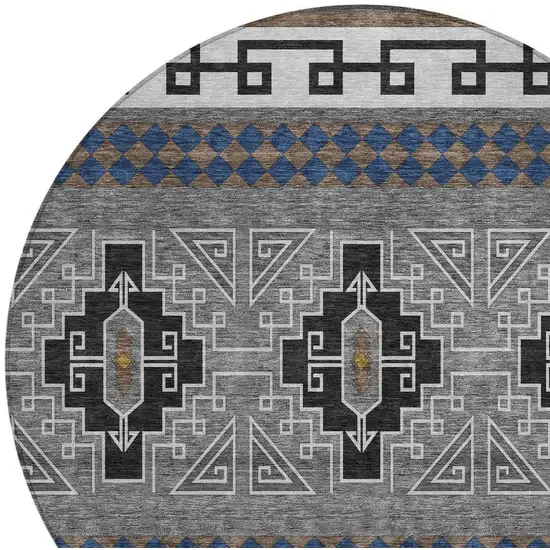 8' Black And Copper Round Tribal Washable Indoor Outdoor Area Rug Photo 4