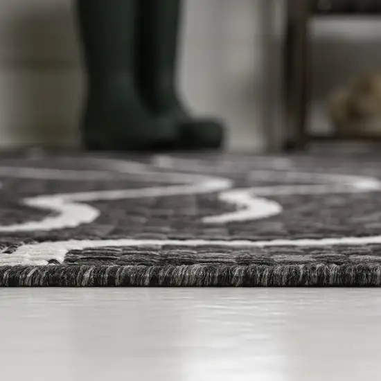 8' Black And Cream Abstract Indoor Outdoor Runner Rug Photo 7