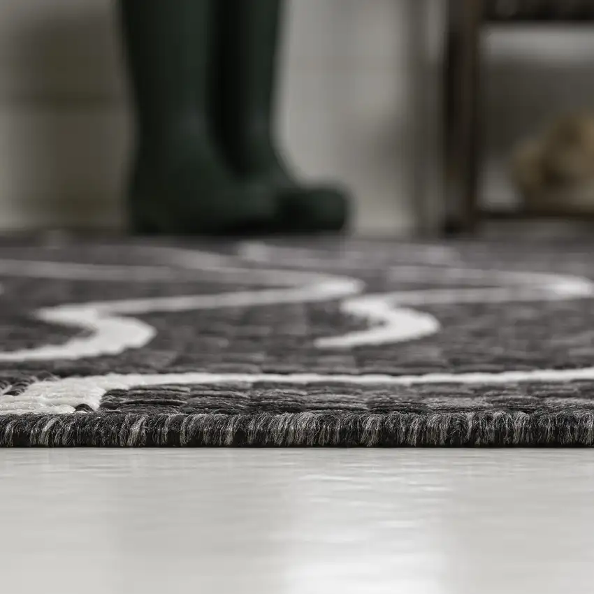 8' Black And Cream Abstract Indoor Outdoor Runner Rug Photo 7