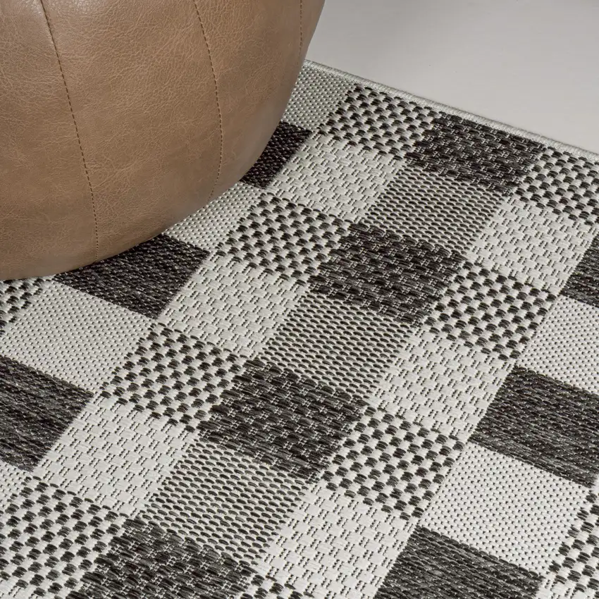 8' Black And Cream Geometric Indoor Outdoor Runner Rug Photo 7