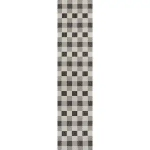 Photo of 8' Black And Cream Geometric Indoor Outdoor Runner Rug