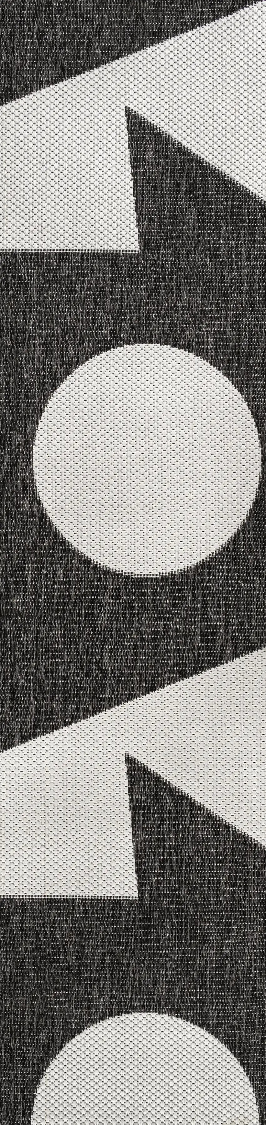 8' Black And Cream Geometric Indoor Outdoor Runner Rug Photo 3
