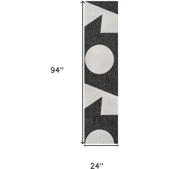 8' Black And Cream Geometric Indoor Outdoor Runner Rug Photo 9