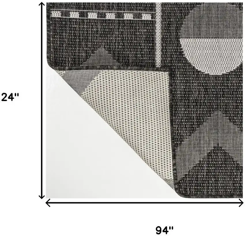 8' Black And Cream Geometric Indoor Outdoor Runner Rug Photo 8