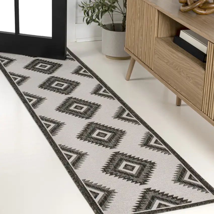 8' Black And Cream Moroccan Indoor Outdoor Runner Rug Photo 3
