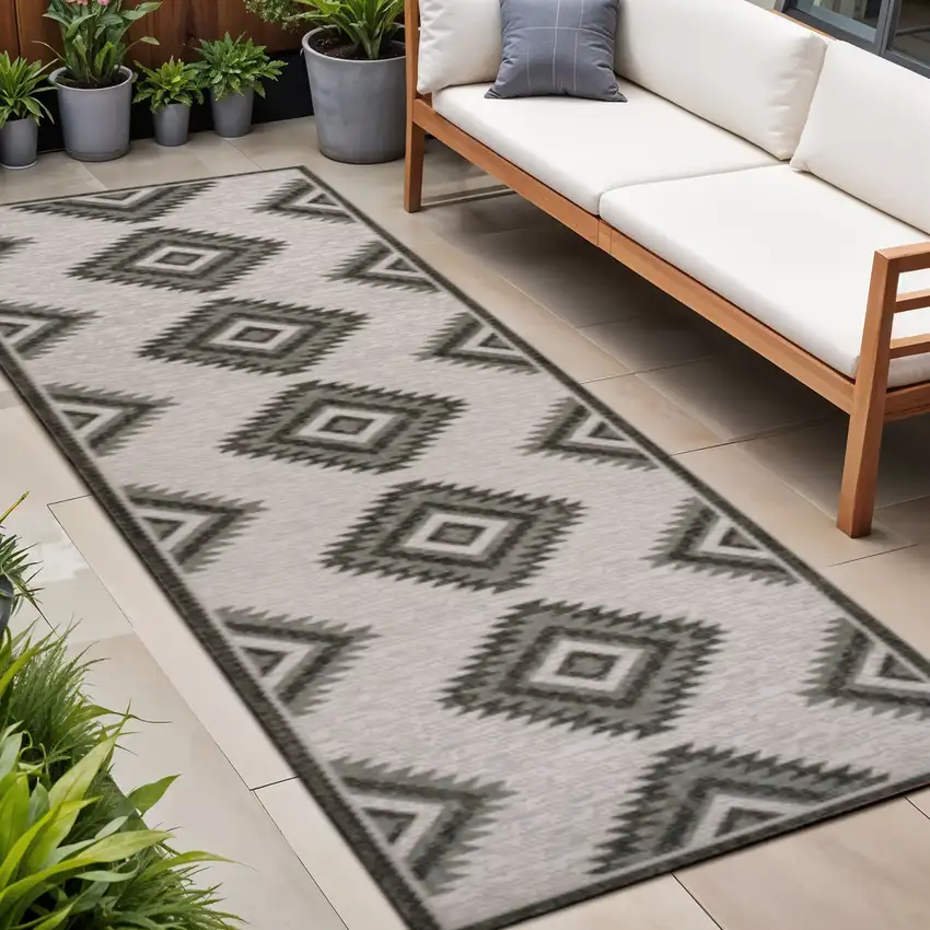 8' Black And Cream Moroccan Indoor Outdoor Runner Rug Photo 1