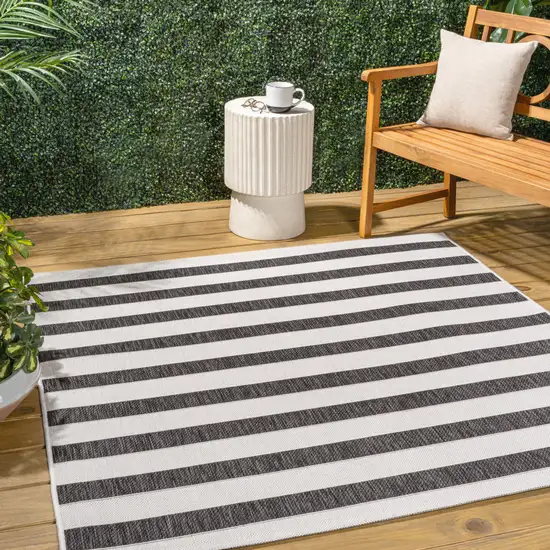 6' Black And Cream Square Striped Indoor Outdoor Area Rug Photo 5