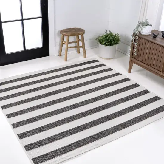 8' Black And Cream Square Striped Indoor Outdoor Area Rug Photo 4