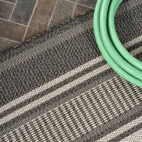 8' Black And Cream Striped Indoor Outdoor Runner Rug Photo 6