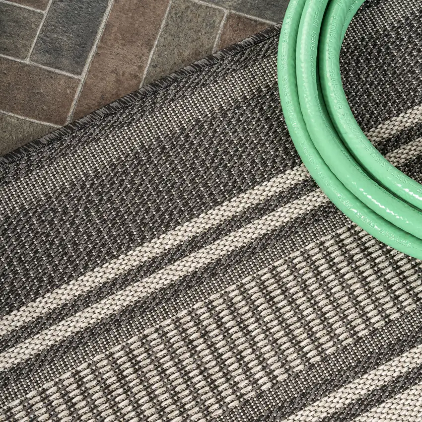 8' Black And Cream Striped Indoor Outdoor Runner Rug Photo 6