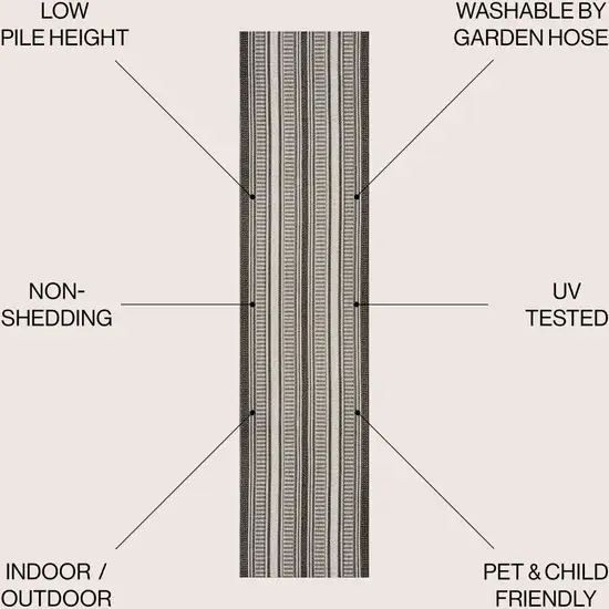 8' Black And Cream Striped Indoor Outdoor Runner Rug Photo 7