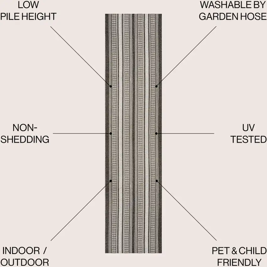 8' Black And Cream Striped Indoor Outdoor Runner Rug Photo 7