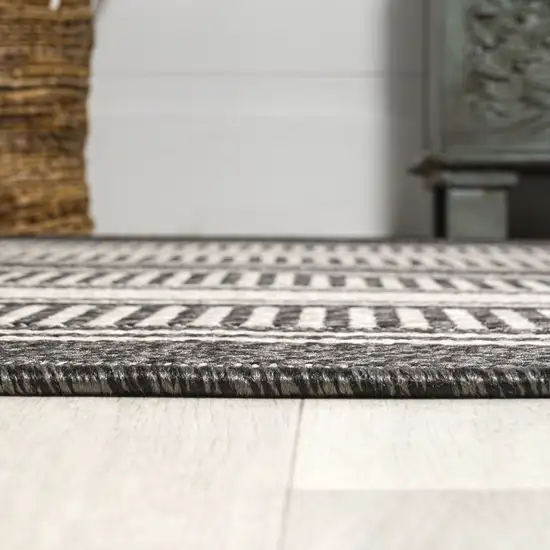 8' Black And Cream Striped Indoor Outdoor Runner Rug Photo 9