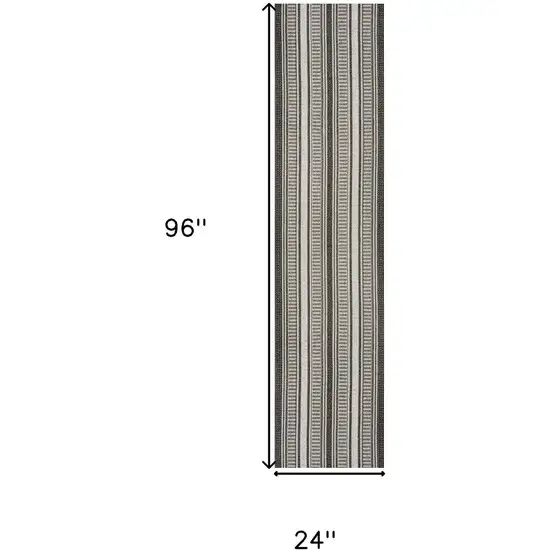 8' Black And Cream Striped Indoor Outdoor Runner Rug Photo 7