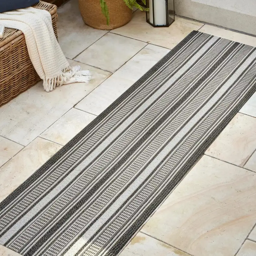 8' Black And Cream Striped Indoor Outdoor Runner Rug Photo 4