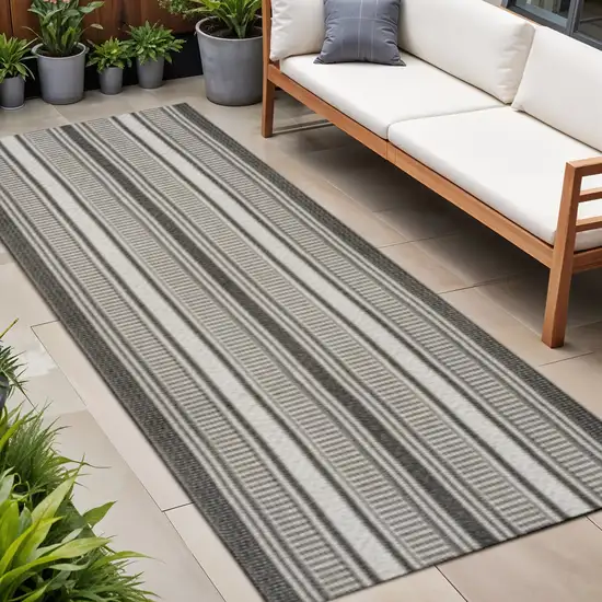 8' Black And Cream Striped Indoor Outdoor Runner Rug Photo 1
