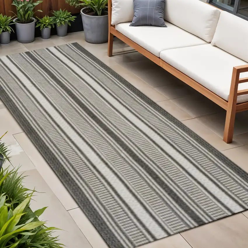 8' Black And Cream Striped Indoor Outdoor Runner Rug Photo 1