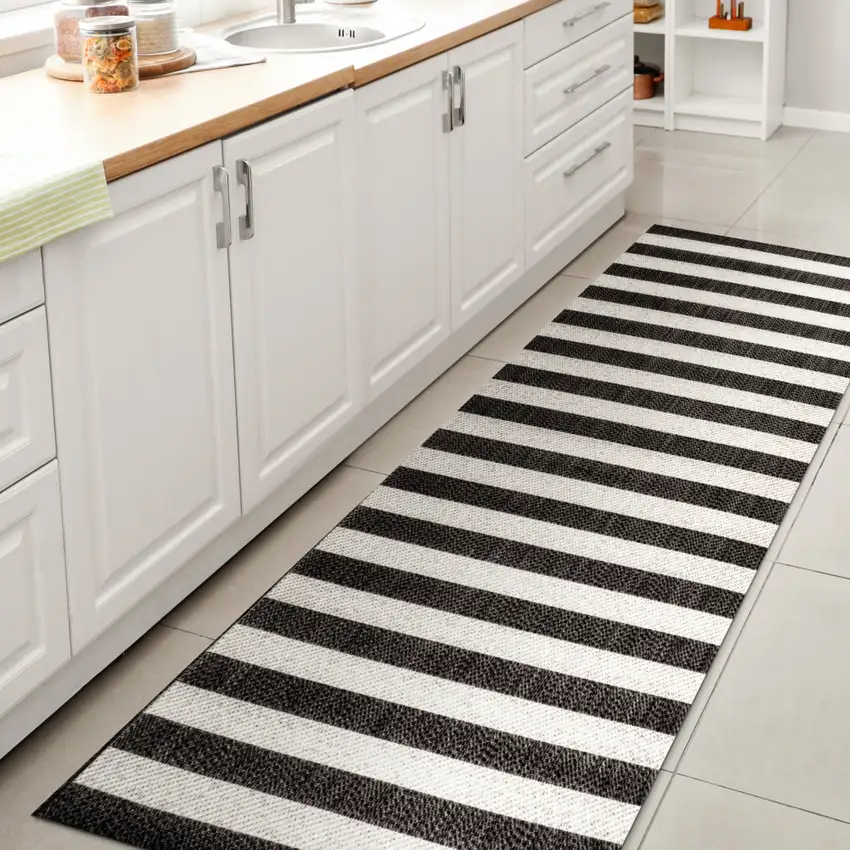 8' Black And Cream Striped Indoor Outdoor Runner Rug Photo 4