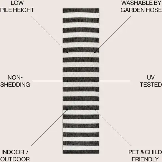 8' Black And Cream Striped Indoor Outdoor Runner Rug Photo 5